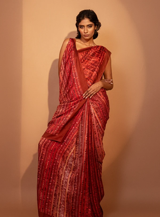 Unallume Red saree Print saree designs Unique saree designs Artisan saree designs Indian print sarees Printed saree party wear Printed saree silk