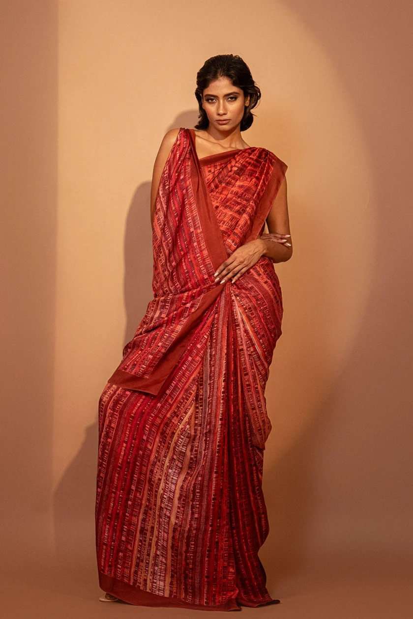 Unallume Red saree Print saree designs Unique saree designs Artisan saree designs Indian print sarees Printed saree party wear Printed saree silk