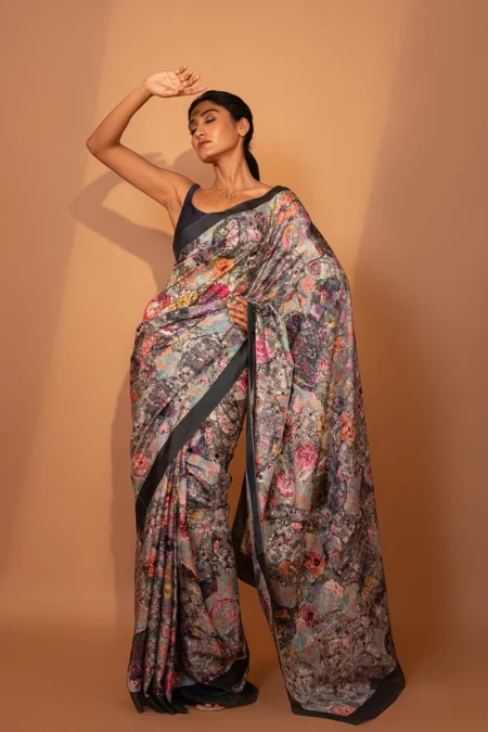Unallume Print saree designs Unique saree designs Artisan saree designs Indian print sarees Printed saree party wear Printed saree silk, gray saree floral