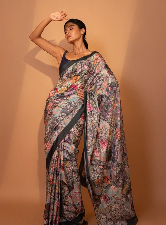 Unallume Print saree designs Unique saree designs Artisan saree designs Indian print sarees Printed saree party wear Printed saree silk, gray saree floral