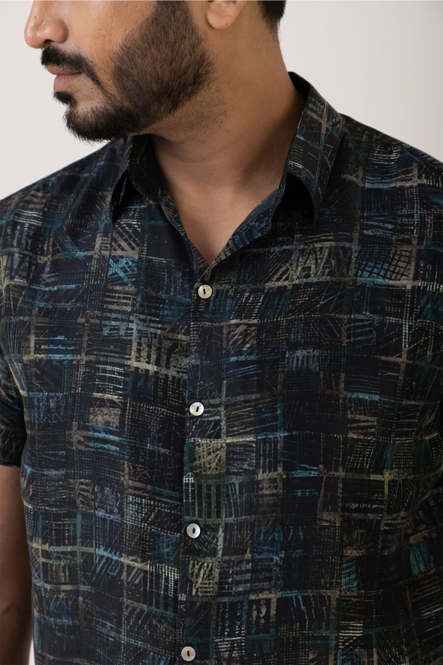 The Checkered Code Blue Silk Shirt - Image 4