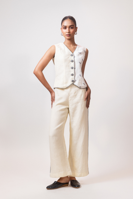 Ivory Yellow Linen Embroidered Cord Set