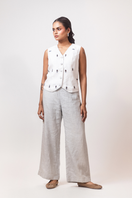 Ivory Blue Linen Embroidered Cord Set