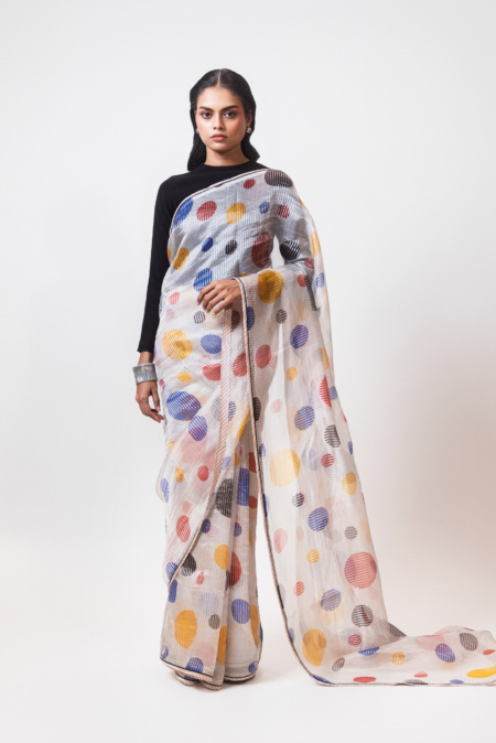 Ivory Multicolour Silk Handwoven Polka Saree