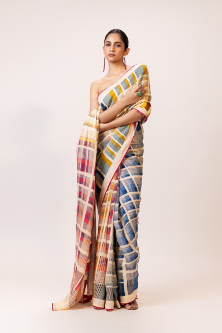 Ivory Prism Grid Linen Saree